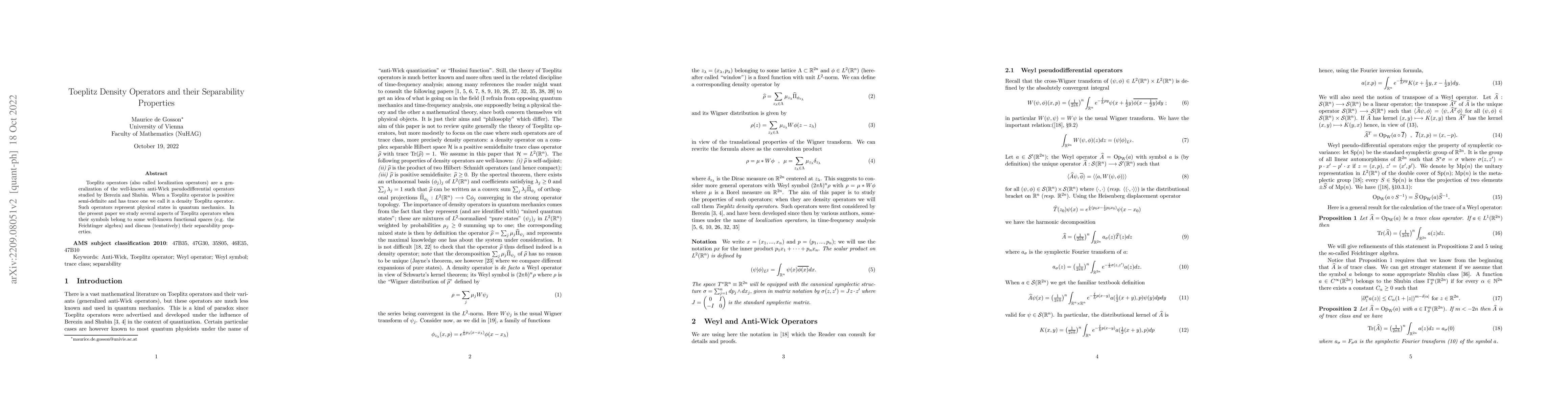 Thumbnail for Toeplitz Density Operators and their Separability Properties