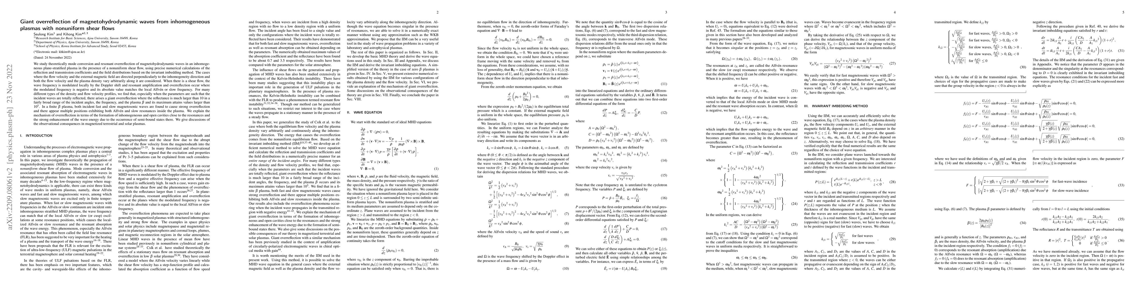 Thumbnail for Giant overreflection of magnetohydrodynamic waves from inhomogeneous
  plasmas with nonuniform shear flows