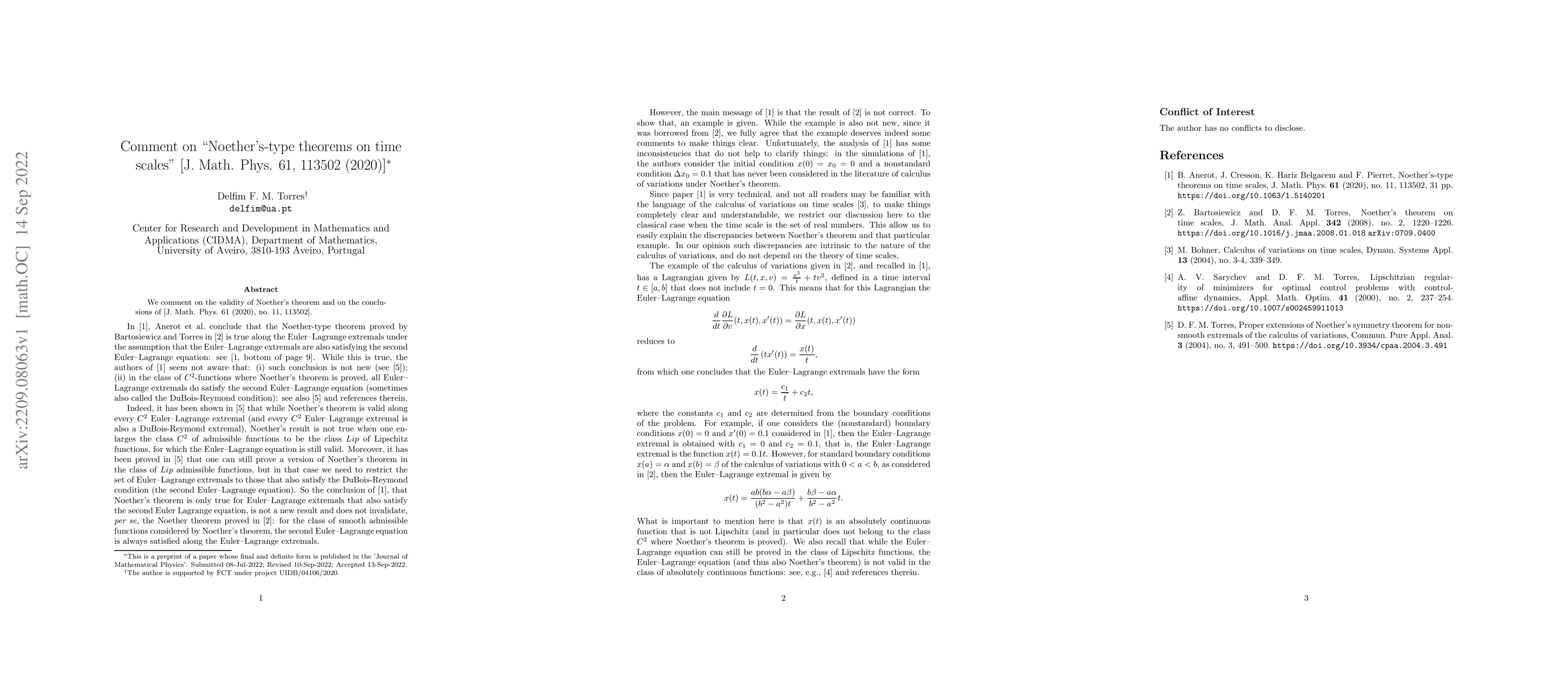 Thumbnail for Comment on "Noether's-type theorems on time scales" [J. Math. Phys. 61,
  113502 (2020)]
