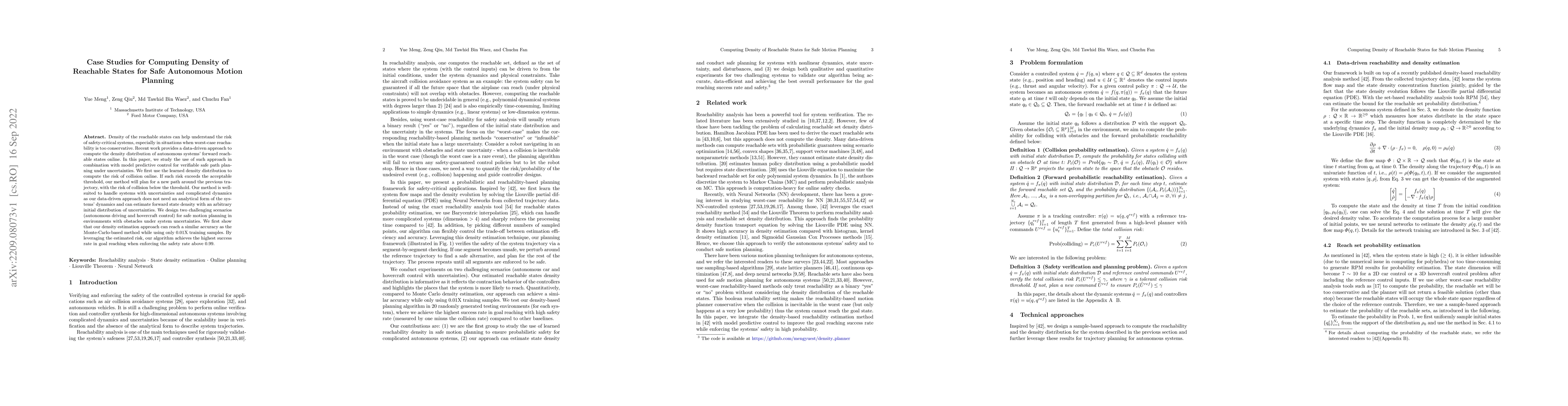Thumbnail for Case Studies for Computing Density of Reachable States for Safe
  Autonomous Motion Planning