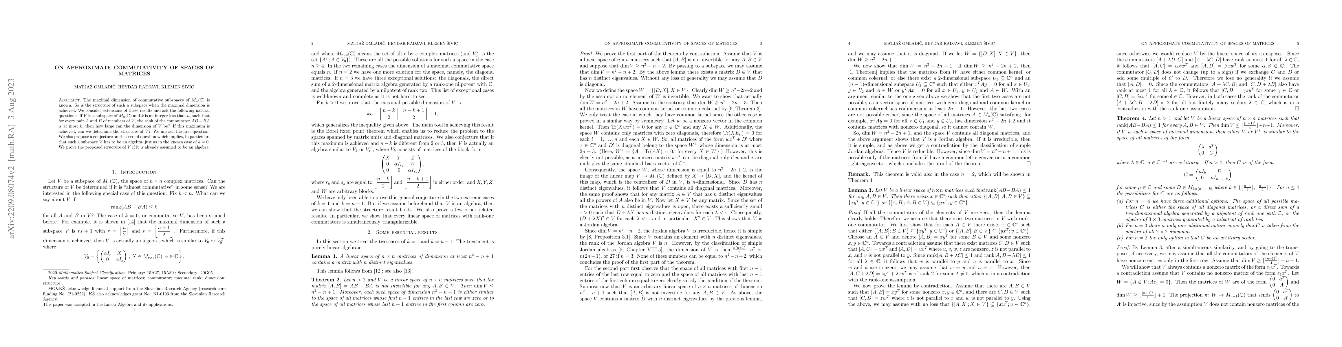 Thumbnail for On approximate commutativity of spaces of matrices