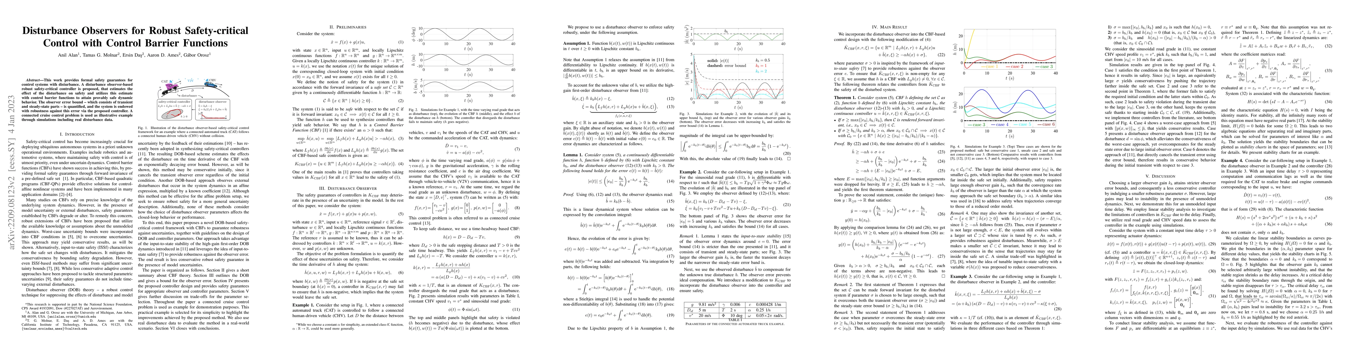 Thumbnail for Disturbance Observers for Robust Safety-critical Control with Control
  Barrier Functions