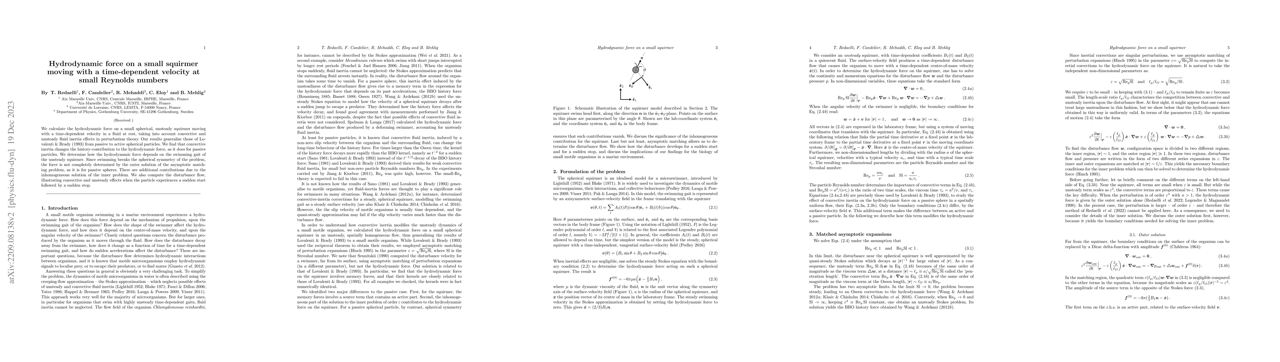 Thumbnail for Hydrodynamic force on a small squirmer moving with a time-dependent
  velocity at small Reynolds numbers
