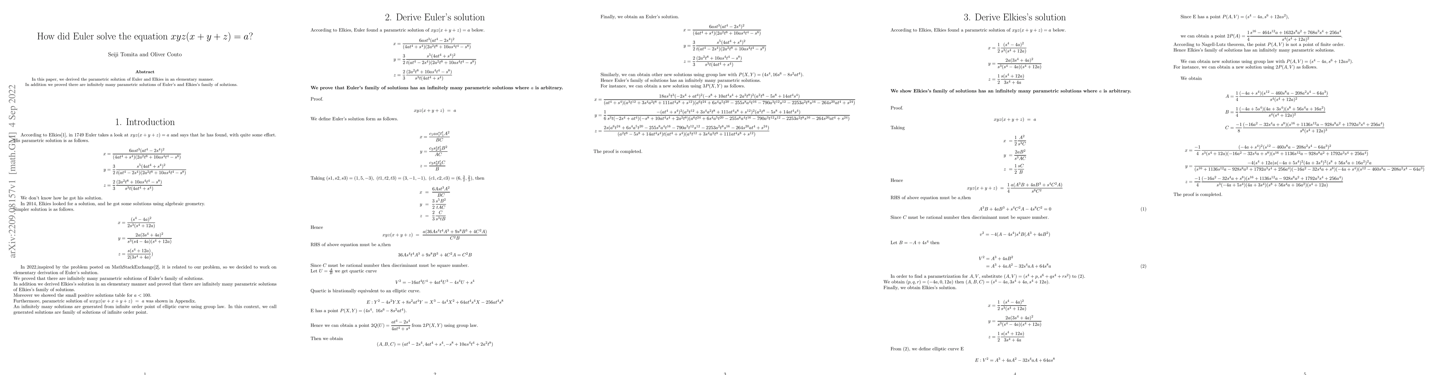 Thumbnail for Furthur developements regarding Euler equation xyz(x+y+z)=a