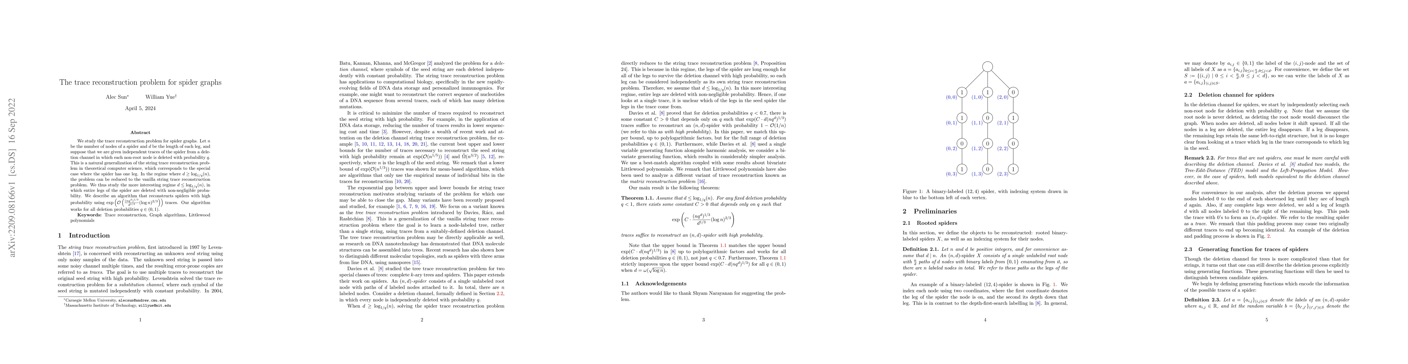 Thumbnail for The trace reconstruction problem for spider graphs