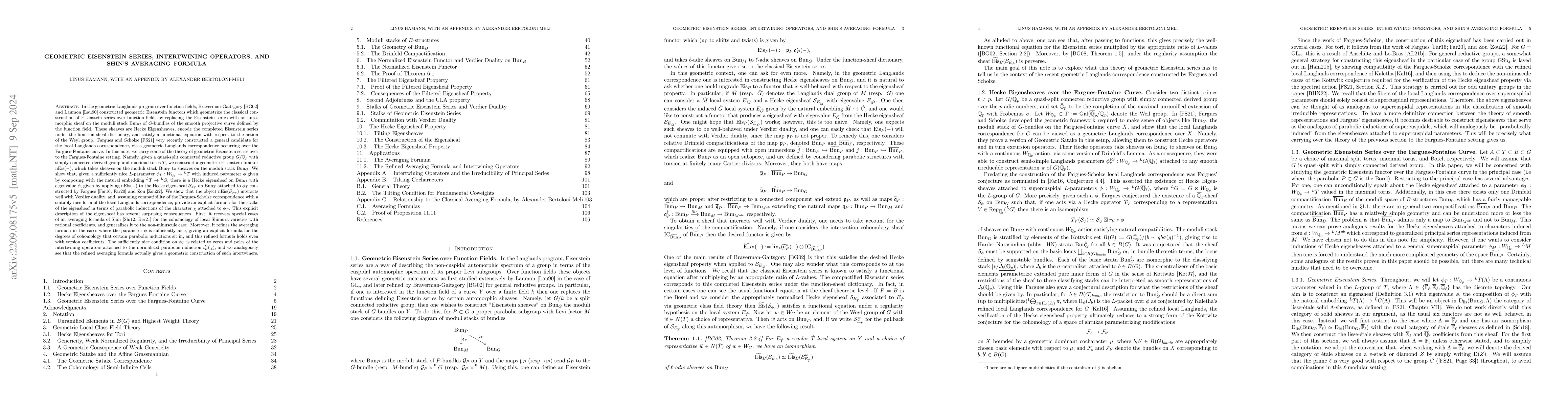 Thumbnail for Geometric Eisenstein Series, Intertwining Operators, and Shin's
  Averaging Formula