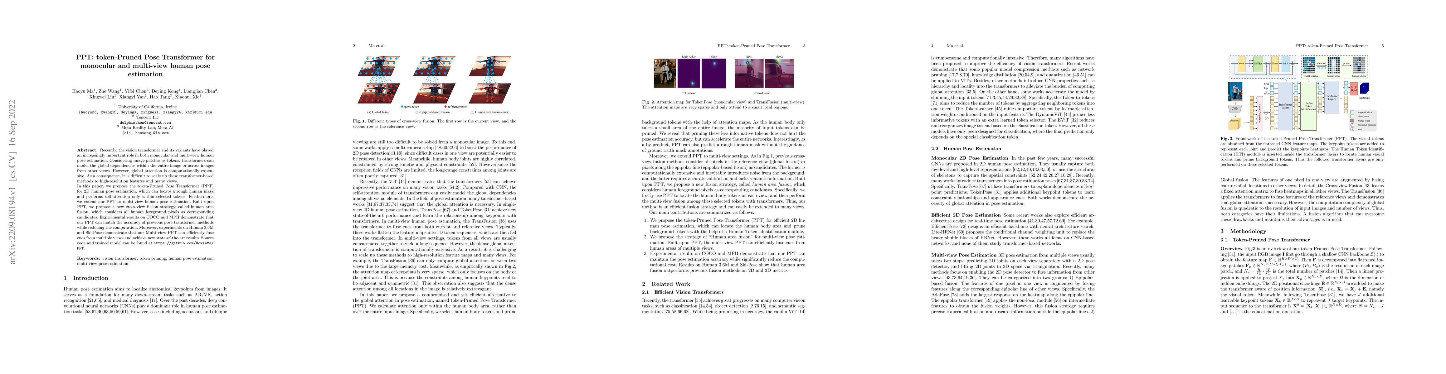 Thumbnail for PPT: token-Pruned Pose Transformer for monocular and multi-view human
  pose estimation