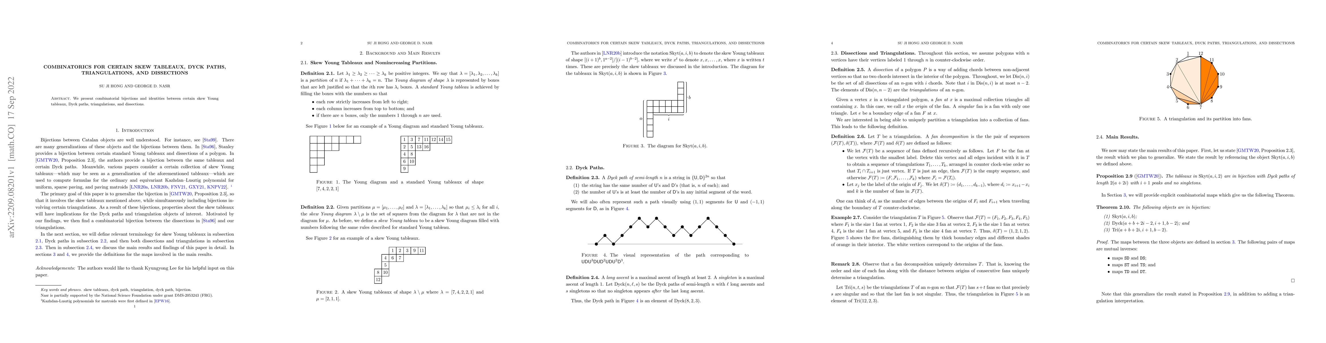 Thumbnail for Combinatorics for Certain Skew Young Tableaux, Dyck Paths,
  Triangulations, and Dissections