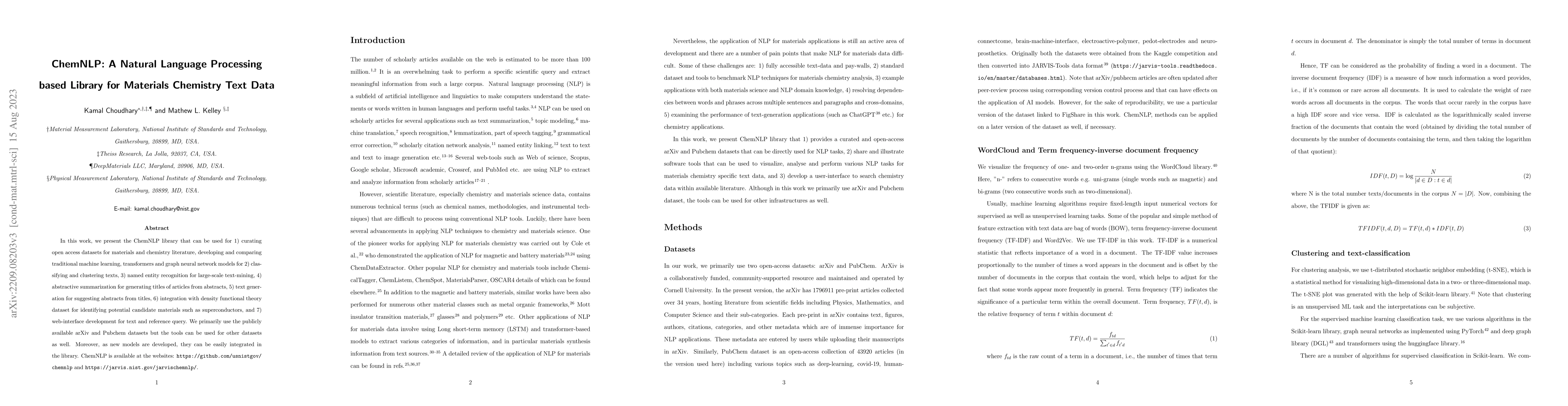 Thumbnail for ChemNLP: A Natural Language Processing based Library for Materials
  Chemistry Text Data