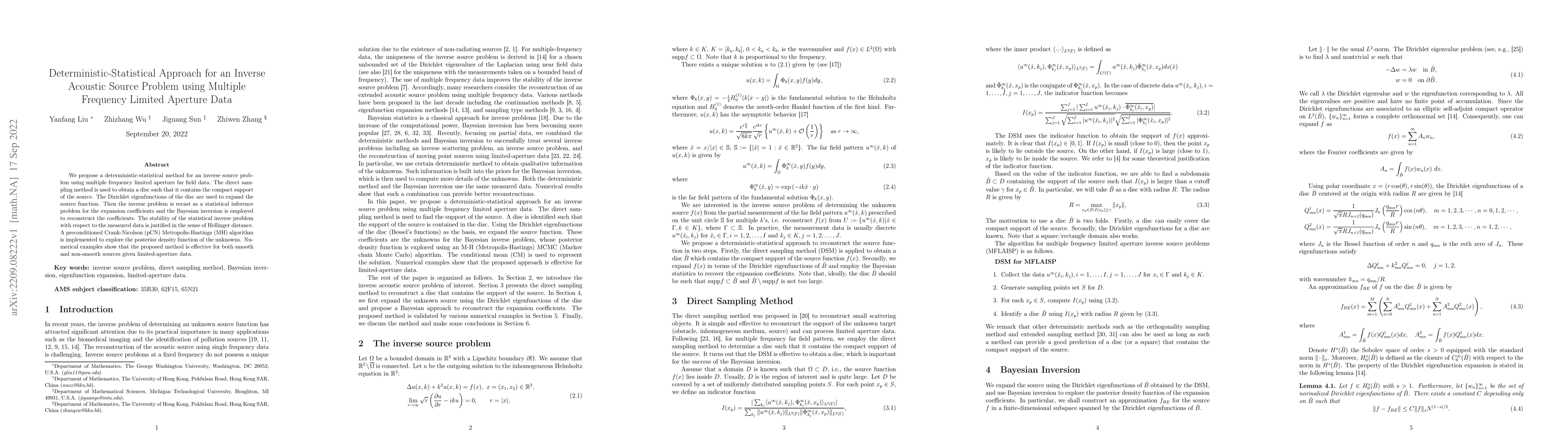 Thumbnail for Deterministic-Statistical Approach for an Inverse Acoustic Source
  Problem using Multiple Frequency Limited Aperture Data