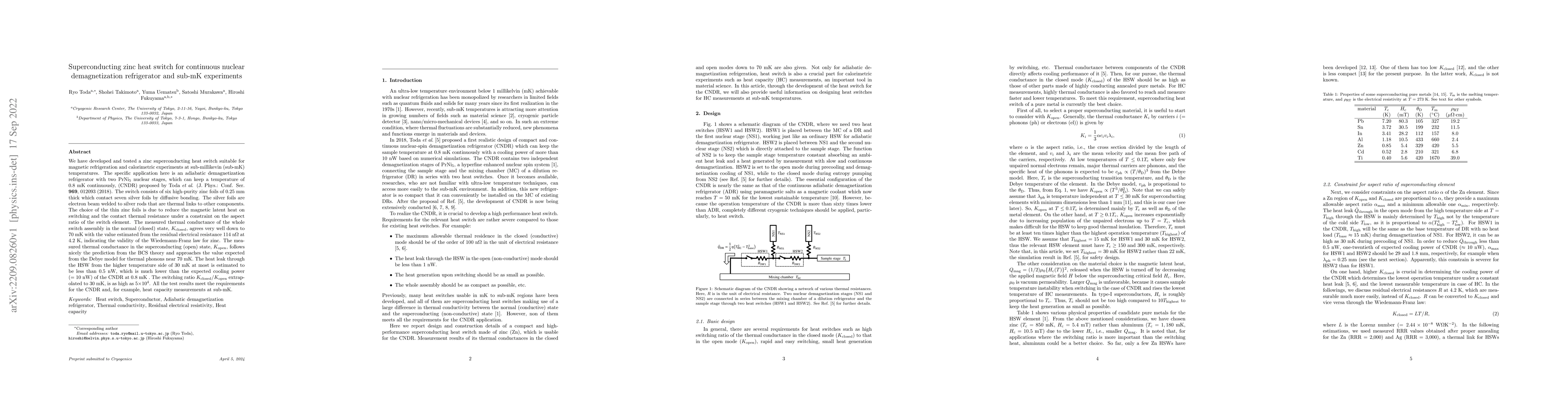 Thumbnail for Superconducting zinc heat switch for continuous nuclear demagnetization
  refrigerator and sub-mK experiments