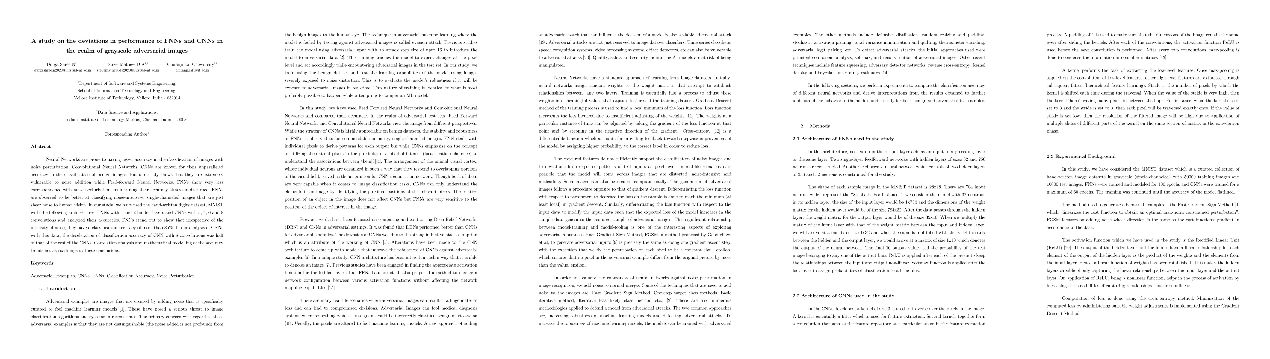 Thumbnail for A study on the deviations in performance of FNNs and CNNs in the realm
  of grayscale adversarial images