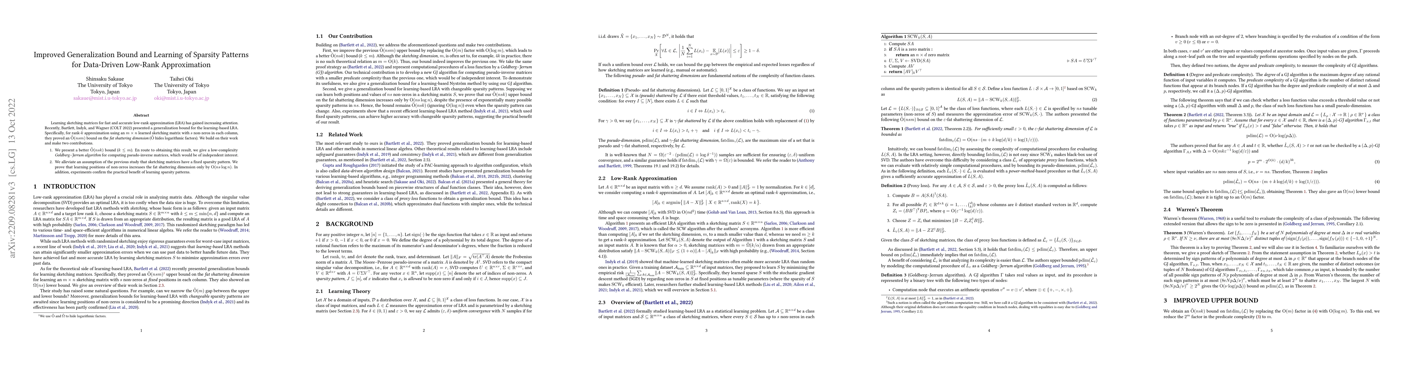 Thumbnail for Improved Generalization Bound and Learning of Sparsity Patterns for
  Data-Driven Low-Rank Approximation