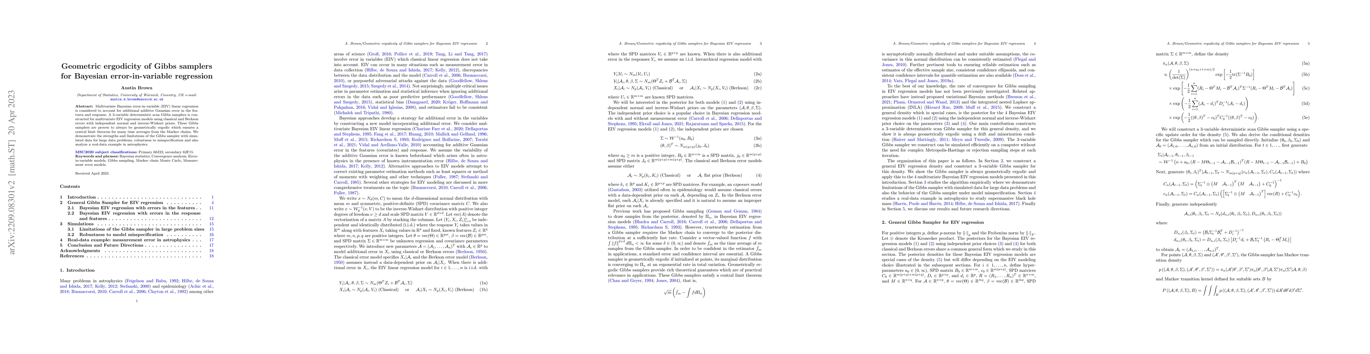 Thumbnail for Geometric ergodicity of Gibbs samplers for Bayesian error-in-variable
  regression