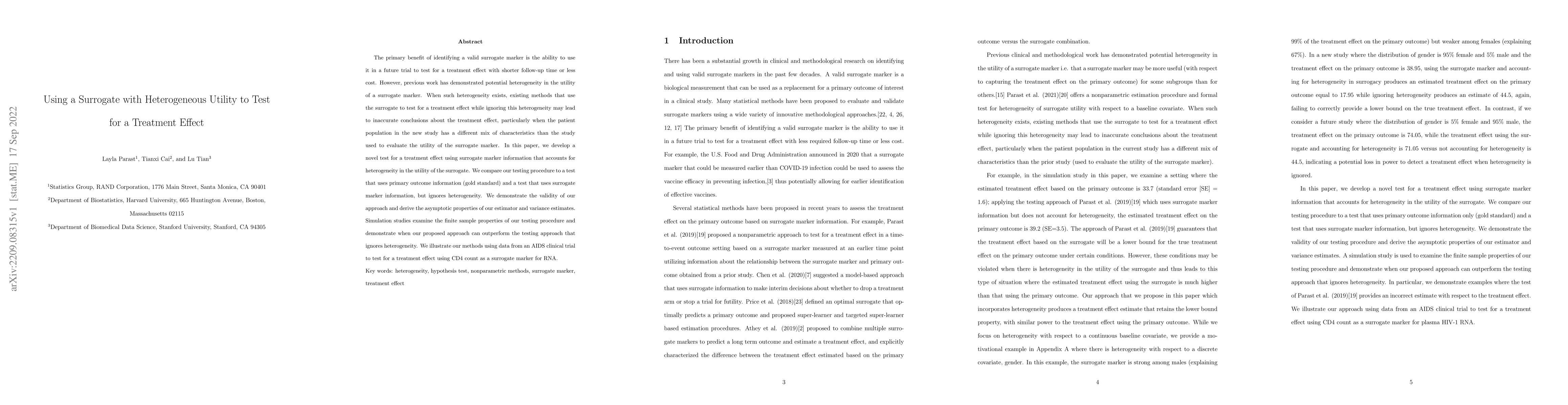 Thumbnail for Using a Surrogate with Heterogeneous Utility to Test for a Treatment
  Effect