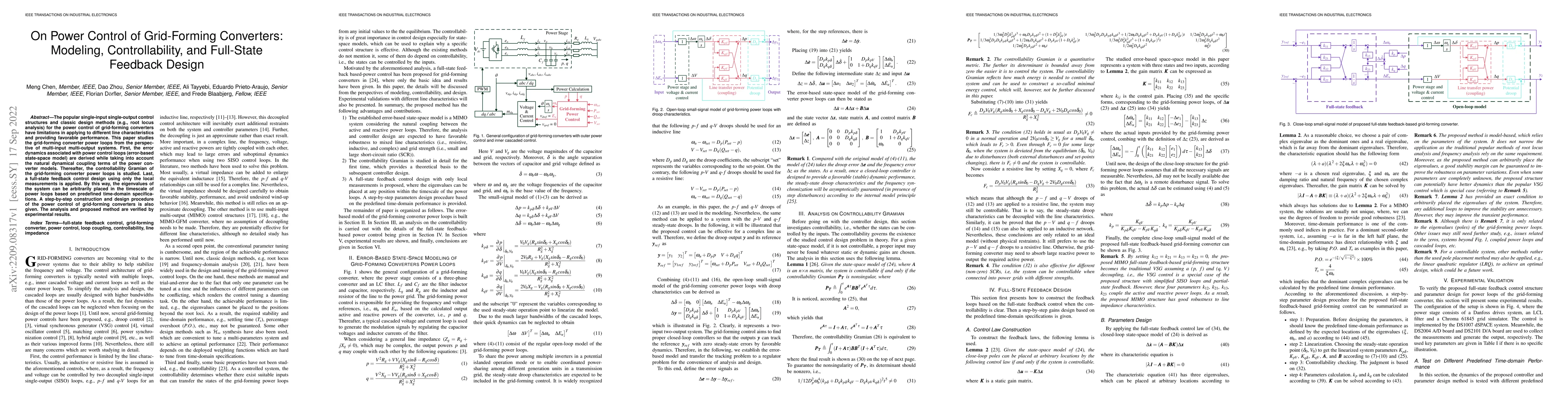 Thumbnail for On Power Control of Grid-Forming Converters: Modeling, Controllability,
  and Full-State Feedback Design