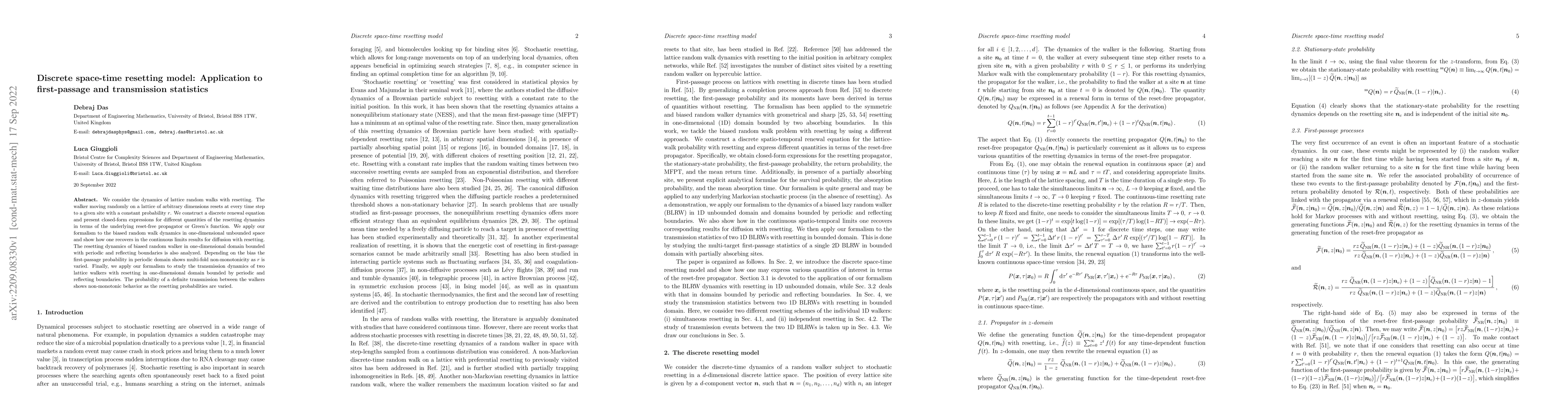 Thumbnail for Discrete space-time resetting model: Application to first-passage and
  transmission statistics