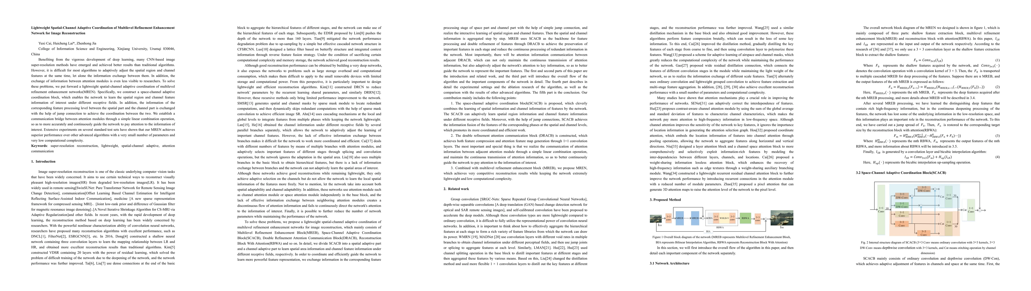 Thumbnail for Lightweight Spatial-Channel Adaptive Coordination of Multilevel
  Refinement Enhancement Network for Image Reconstruction
