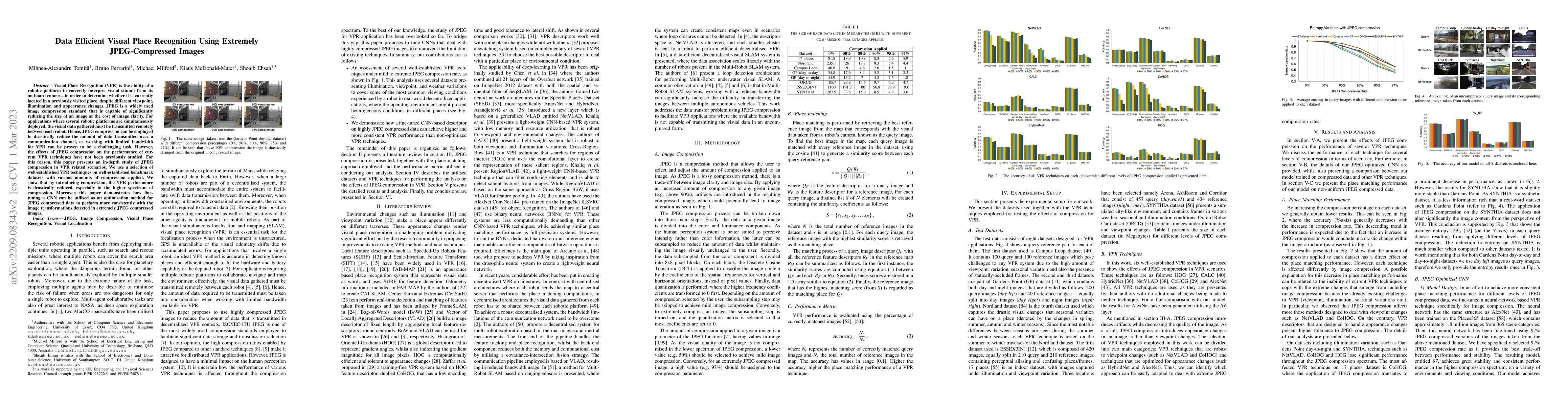 Thumbnail for Data Efficient Visual Place Recognition Using Extremely JPEG-Compressed
  Images