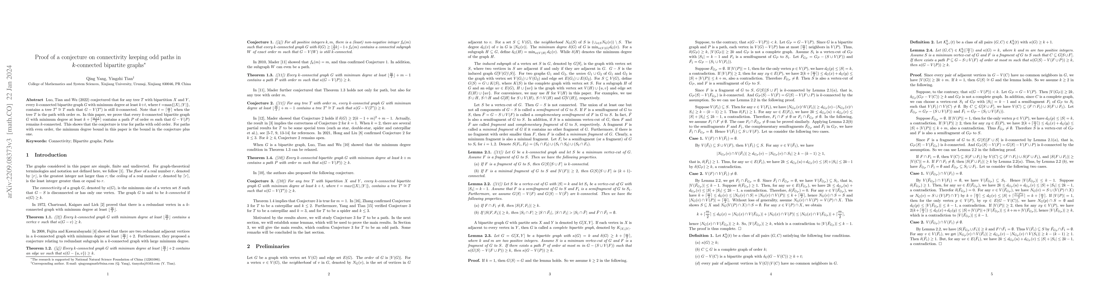 Thumbnail for Proof a conjecture on connectivity keeping odd paths in k-connected
  bipartite graphs
