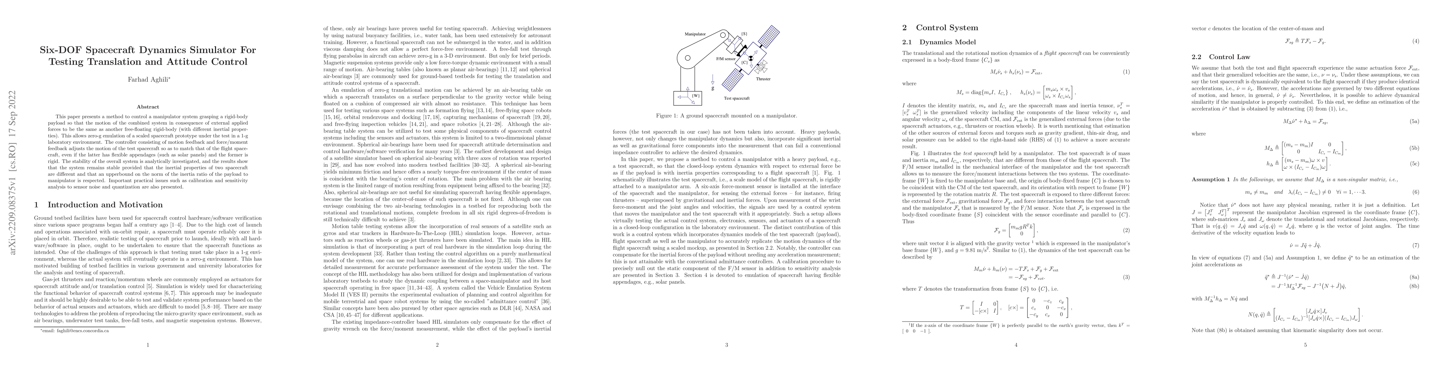 Thumbnail for Six-DOF Spacecraft Dynamics Simulator For Testing Translation and
  Attitude Control