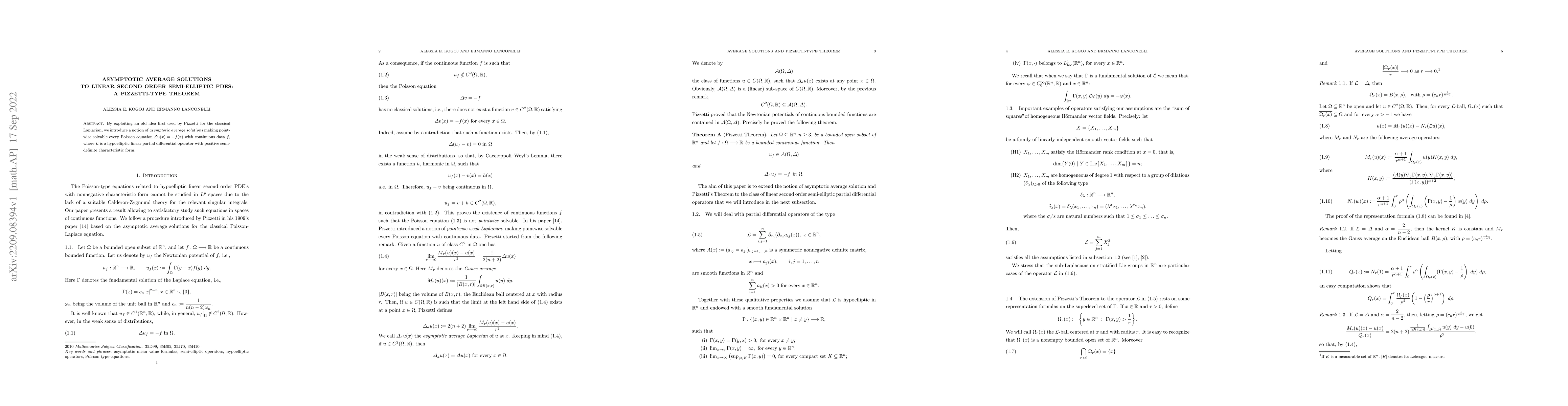 Thumbnail for Asymptotic average solutions to linear second order semi-elliptic PDEs:
  a Pizzetti-type Theorem