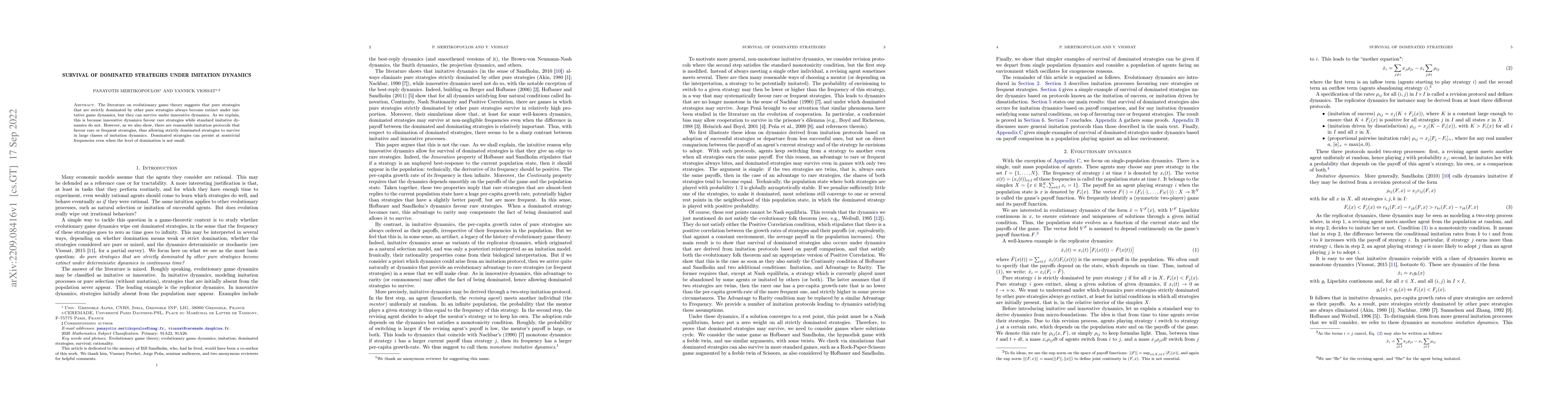 Thumbnail for Survival of dominated strategies under imitation dynamics