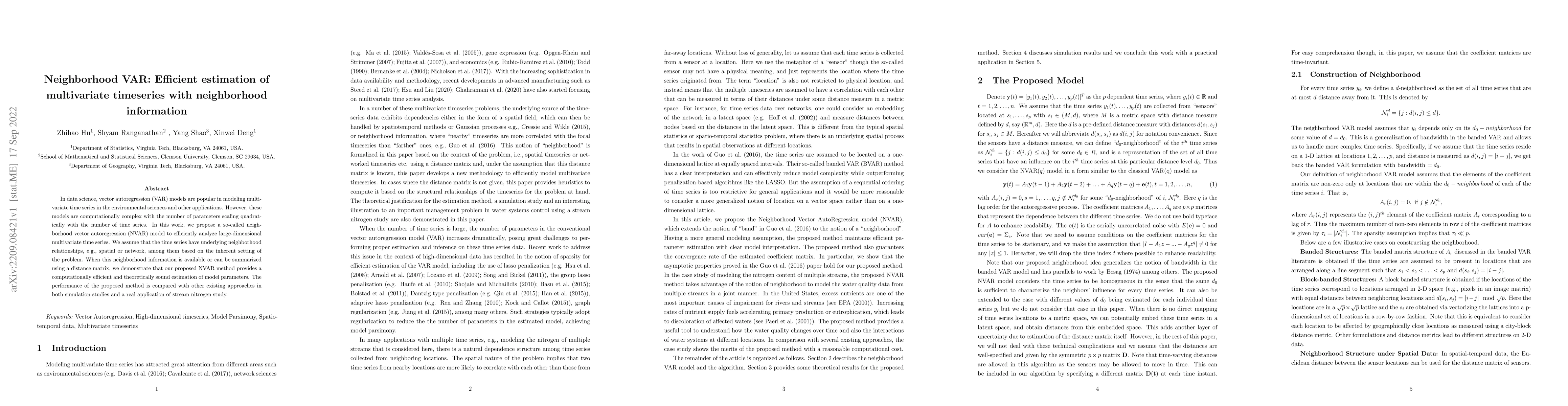 Thumbnail for Neighborhood VAR: Efficient estimation of multivariate timeseries with
  neighborhood information