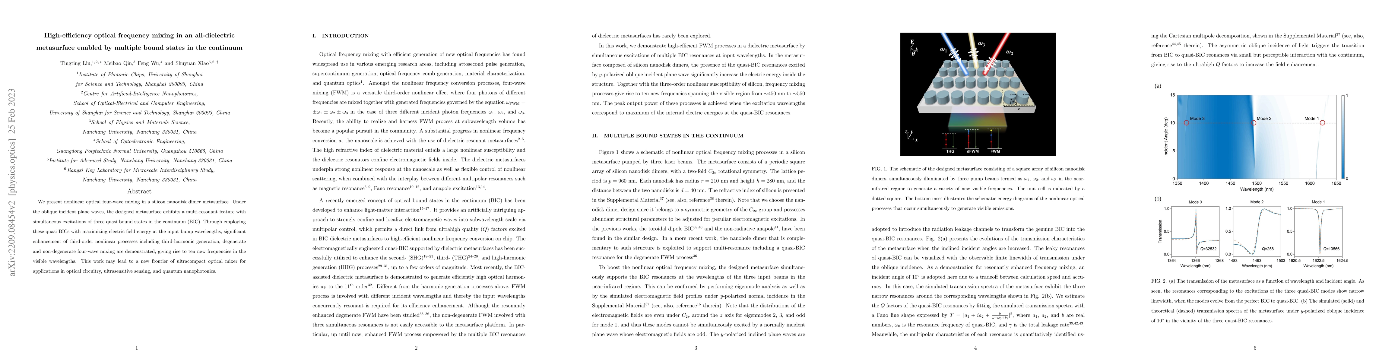 Thumbnail for High-efficiency optical frequency mixing in an all-dielectric
  metasurface enabled by multiple bound states in the continuum