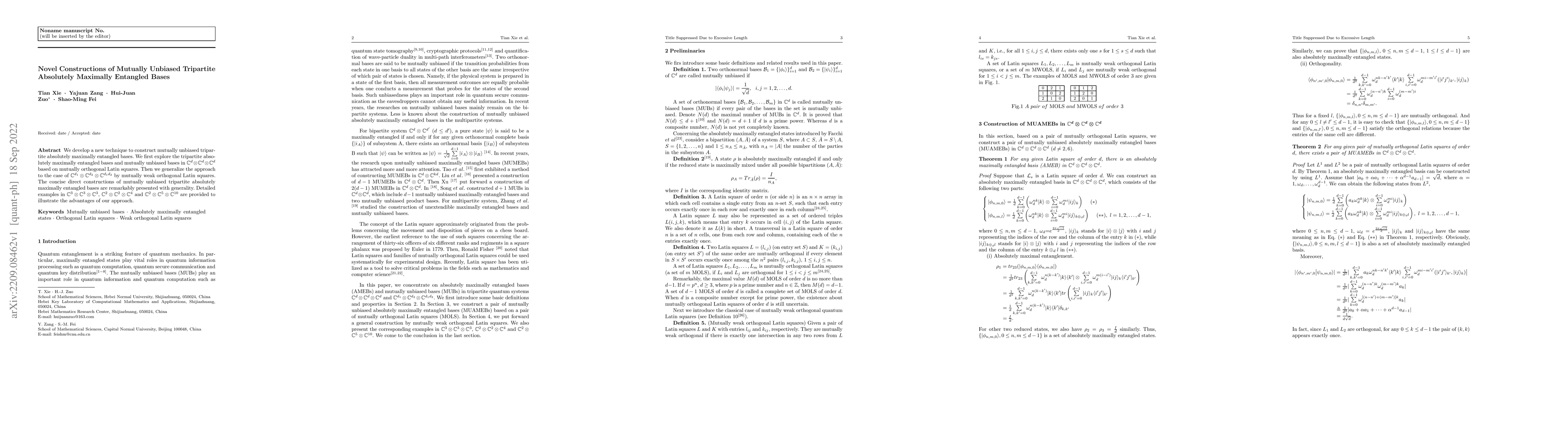 Thumbnail for Novel Constructions of Mutually Unbiased Tripartite Absolutely Maximally
  Entangled Bases