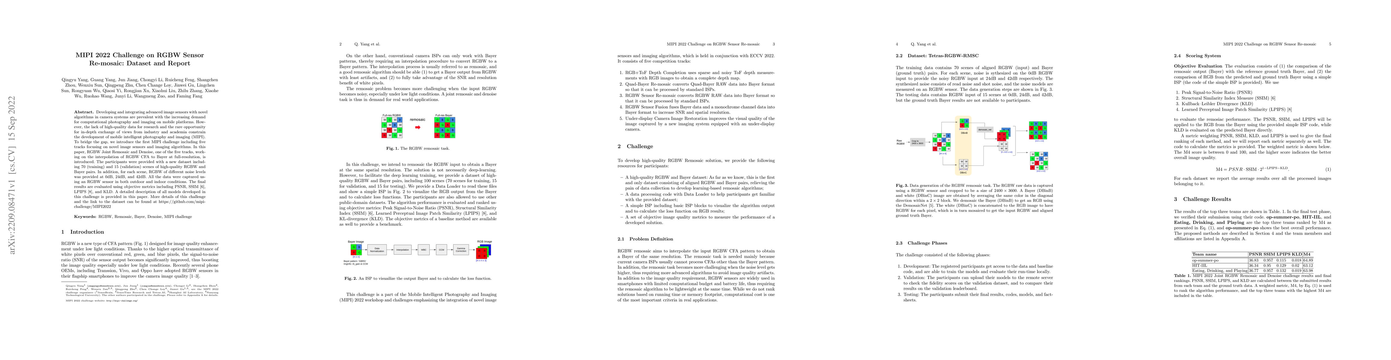 Thumbnail for MIPI 2022 Challenge on RGBW Sensor Re-mosaic: Dataset and Report