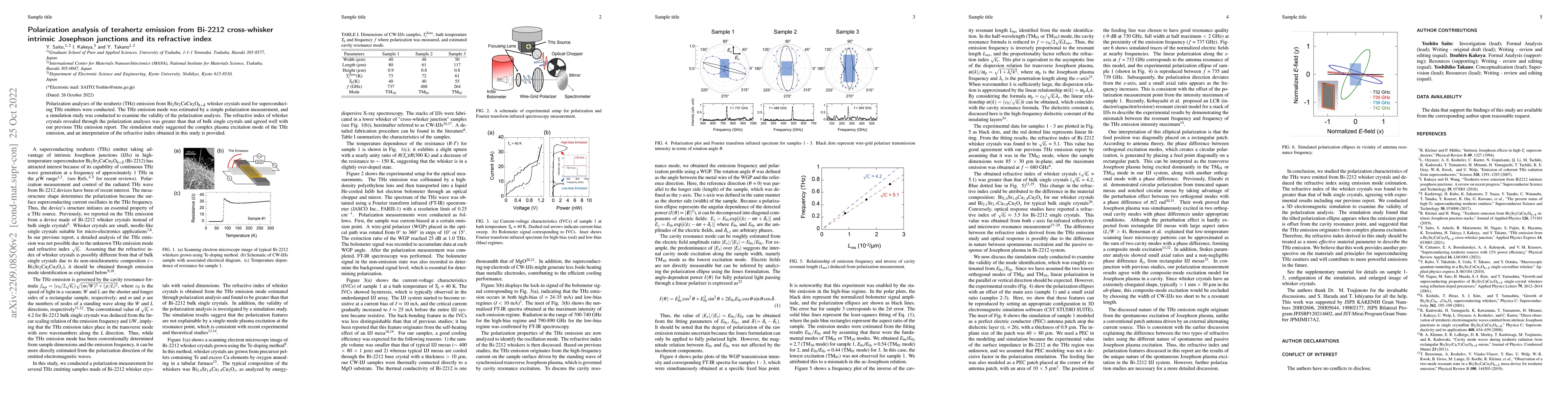 Thumbnail for Polarization analysis of terahertz emission from Bi-2212 cross-whisker
  intrinsic Josephson junction and its refractive index