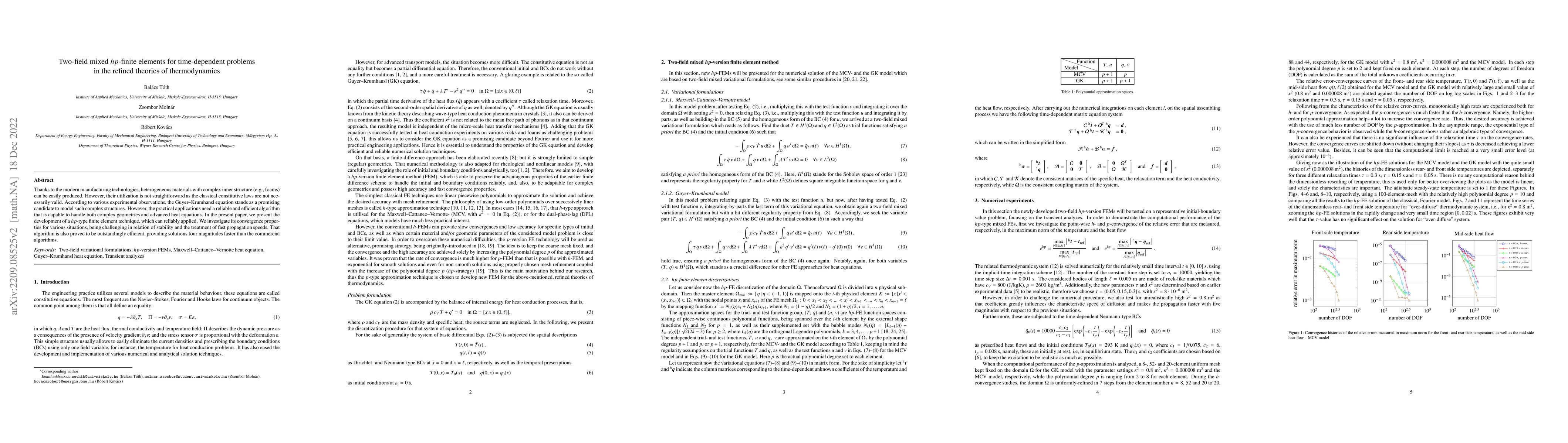 Thumbnail for Two-field mixed hp-finite elements for time-dependent problems in the
  refined theories of thermodynamics