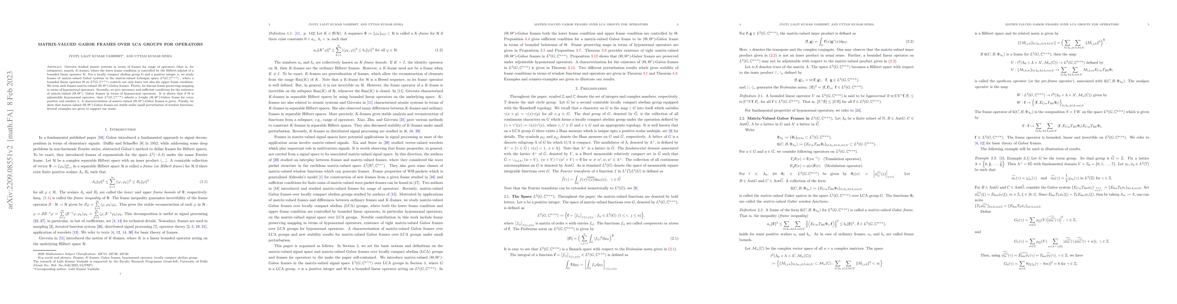 Thumbnail for Matrix-Valued Gabor Frames over LCA Groups for Operators