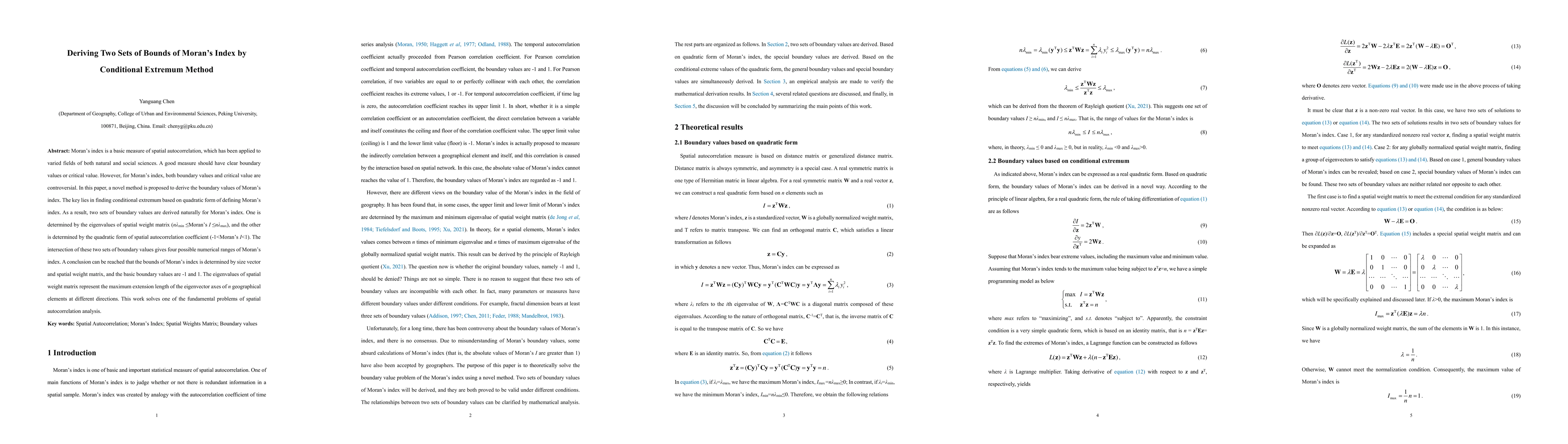 Thumbnail for Deriving two sets of bounds of Moran's index by conditional extremum
  method