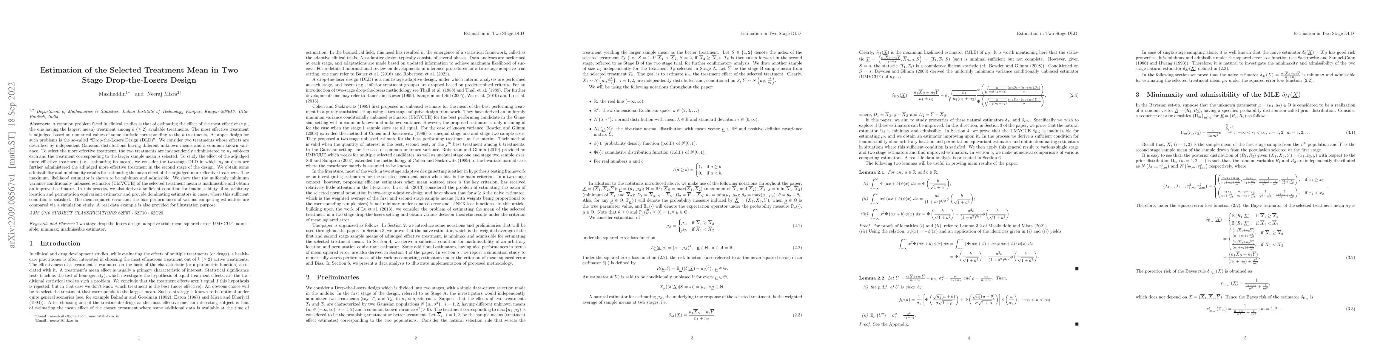 Thumbnail for Estimation of the Selected Treatment Mean in Two-Stage Drop-the-Losers
  Design