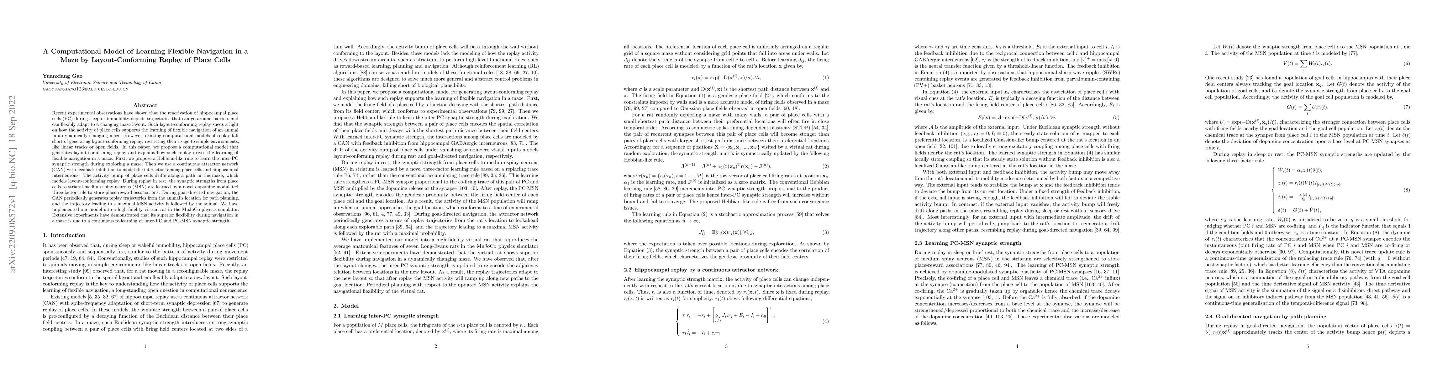 Thumbnail for A Computational Model of Learning Flexible Navigation in a Maze by
  Layout-Conforming Replay of Place Cells