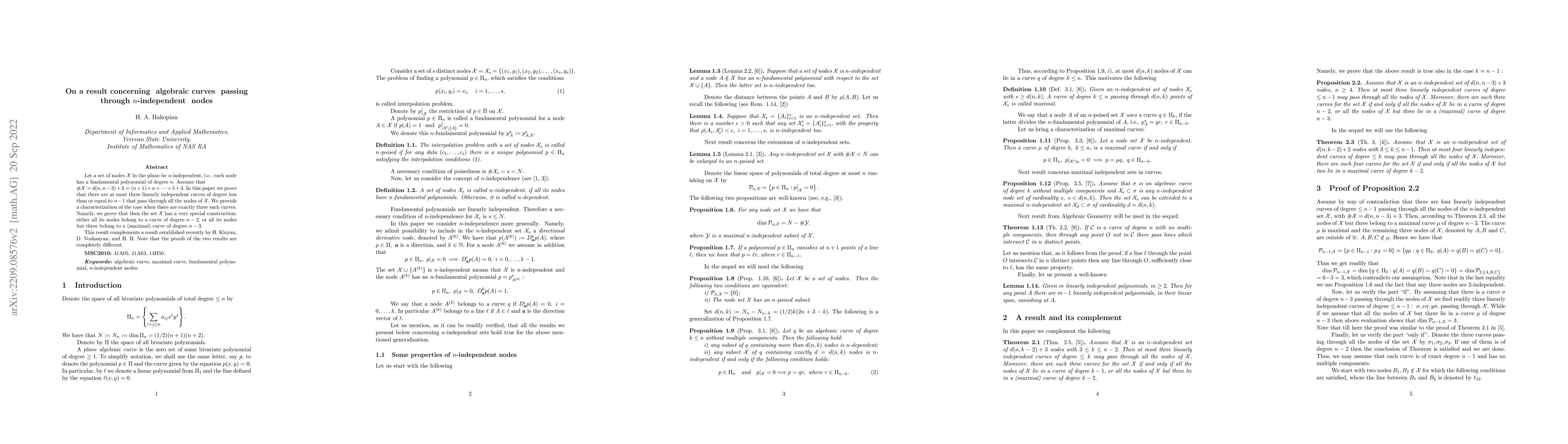 Thumbnail for On a result concerning algebraic curves passing through $n$-independent
  nodes