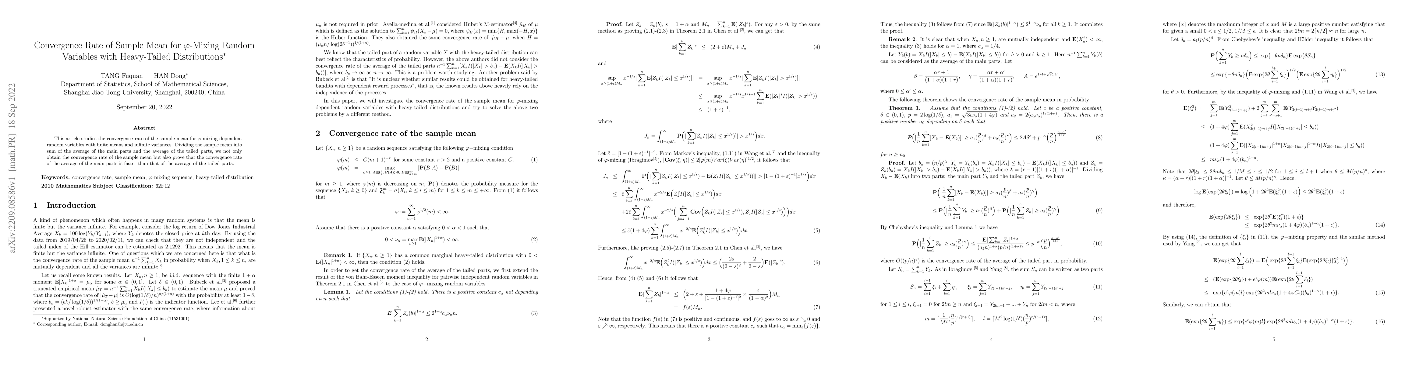 Thumbnail for Convergence Rate of Sample Mean for $\varphi$-Mixing Random Variables
  with Heavy-Tailed Distributions