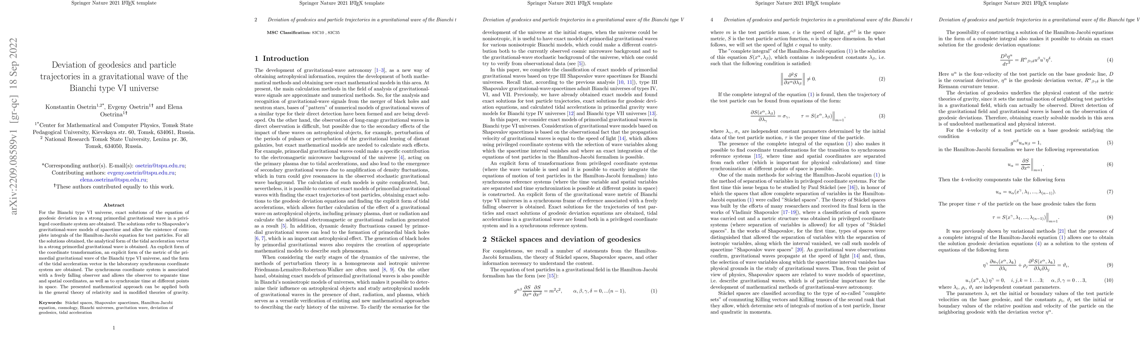 Thumbnail for Deviation of geodesics and particle trajectories in a gravitational wave
  of the Bianchi type VI universe