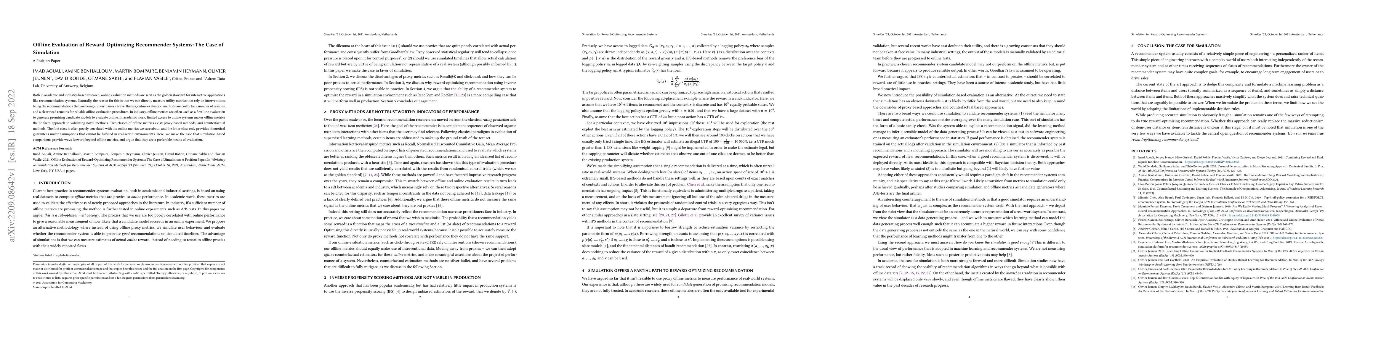 Thumbnail for Offline Evaluation of Reward-Optimizing Recommender Systems: The Case of
  Simulation
