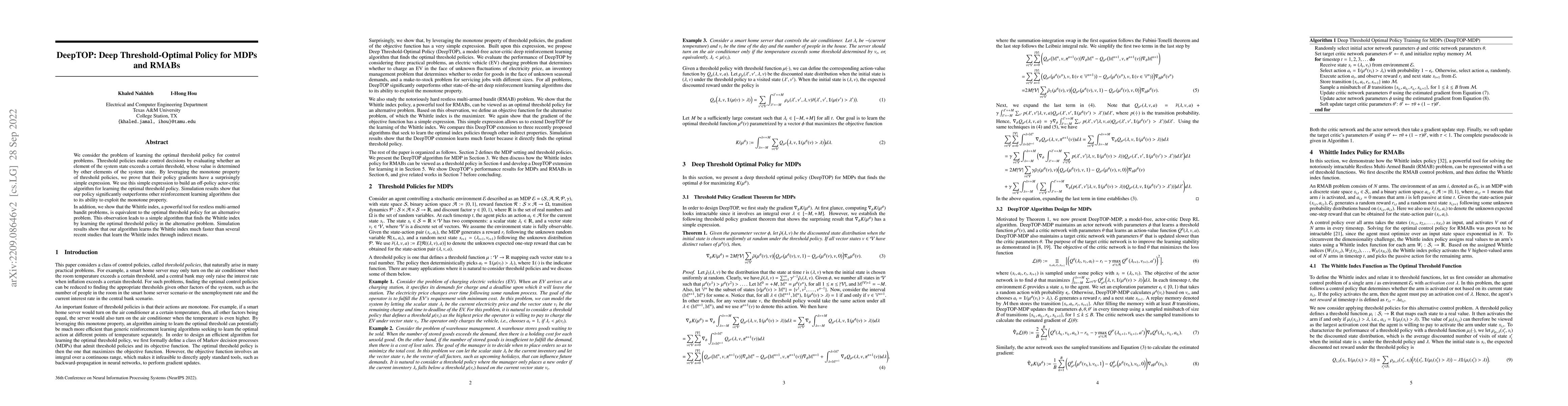 Thumbnail for DeepTOP: Deep Threshold-Optimal Policy for MDPs and RMABs