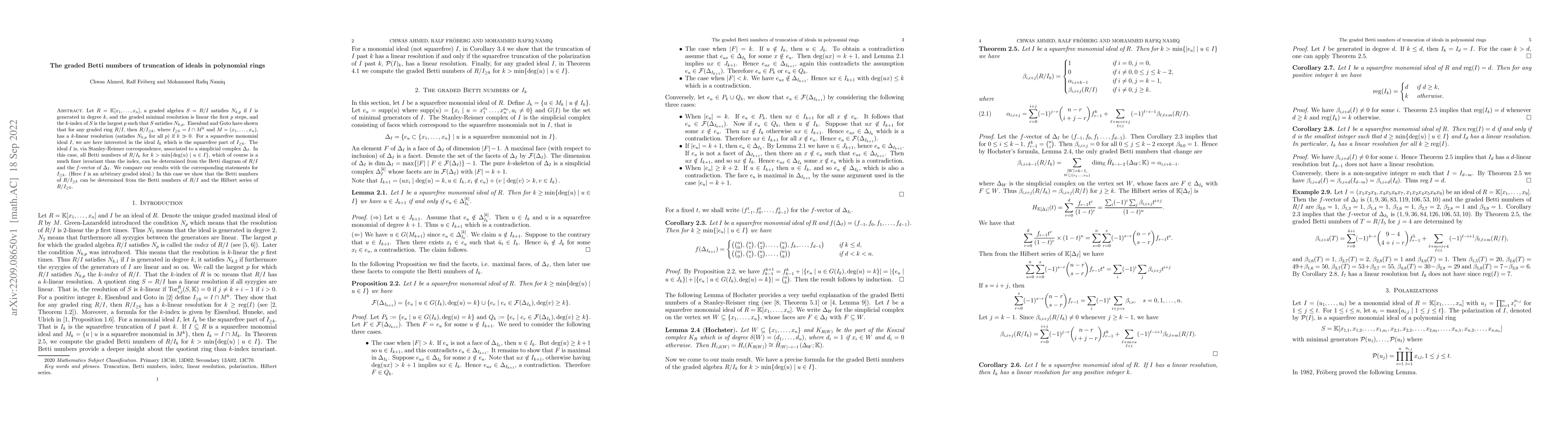 Thumbnail for The graded Betti numbers of truncation of ideals in polynomial rings