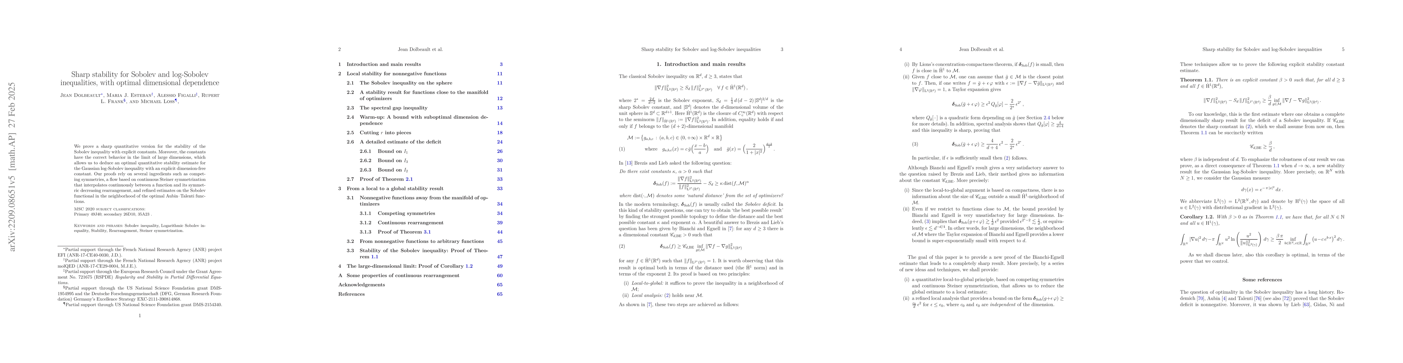 Thumbnail for Sharp stability for Sobolev and log-Sobolev inequalities, with optimal
  dimensional dependence