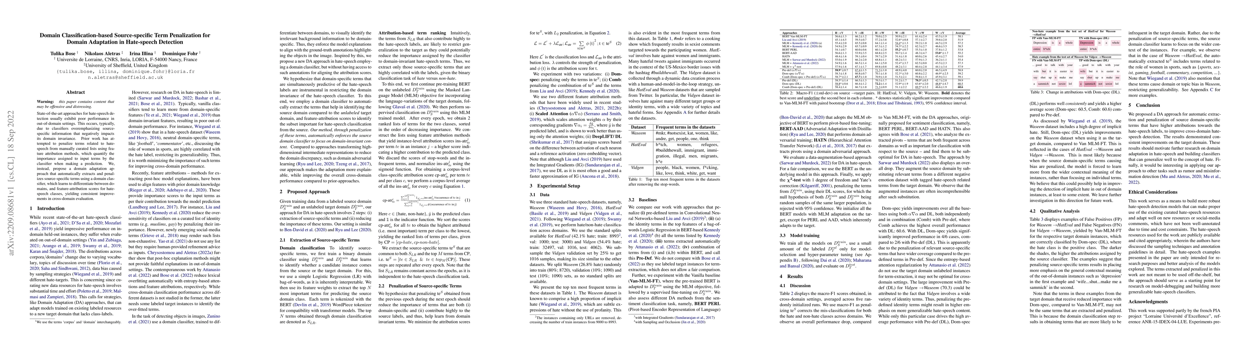 Thumbnail for Domain Classification-based Source-specific Term Penalization for Domain
  Adaptation in Hate-speech Detection