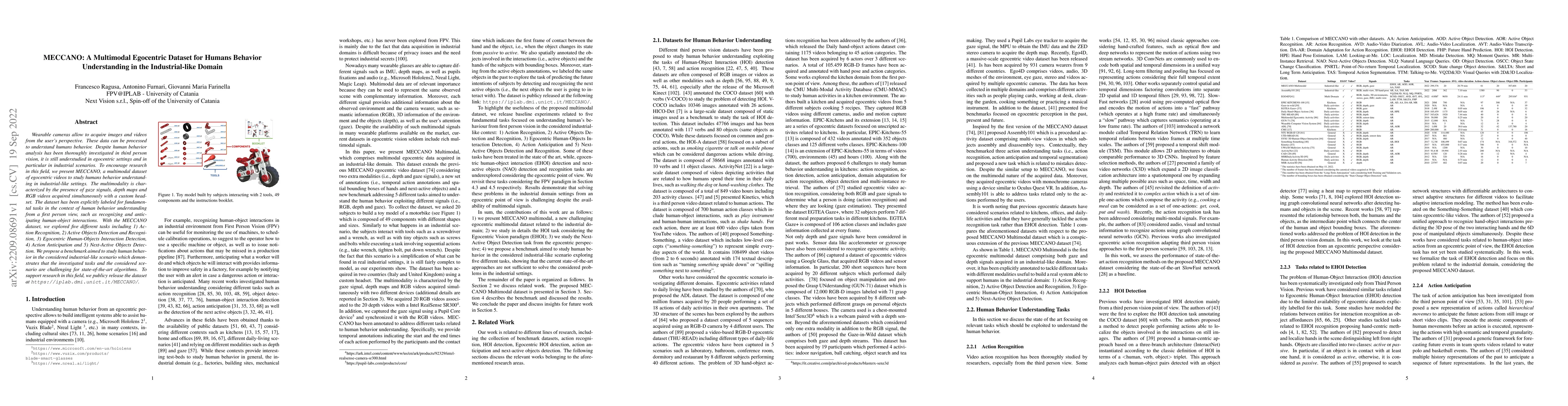 Thumbnail for MECCANO: A Multimodal Egocentric Dataset for Humans Behavior
  Understanding in the Industrial-like Domain