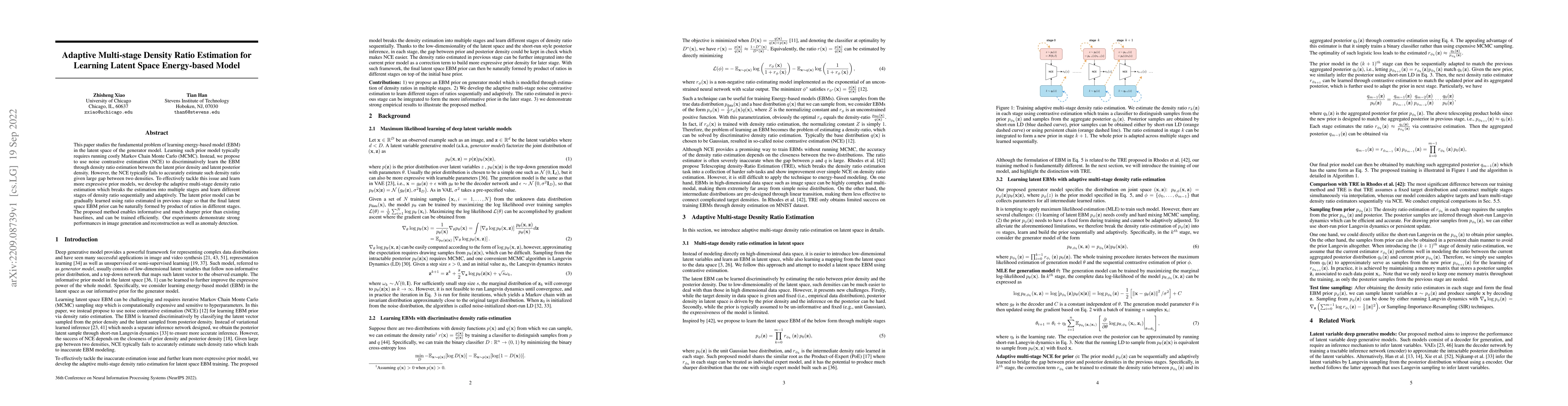 Thumbnail for Adaptive Multi-stage Density Ratio Estimation for Learning Latent Space
  Energy-based Model