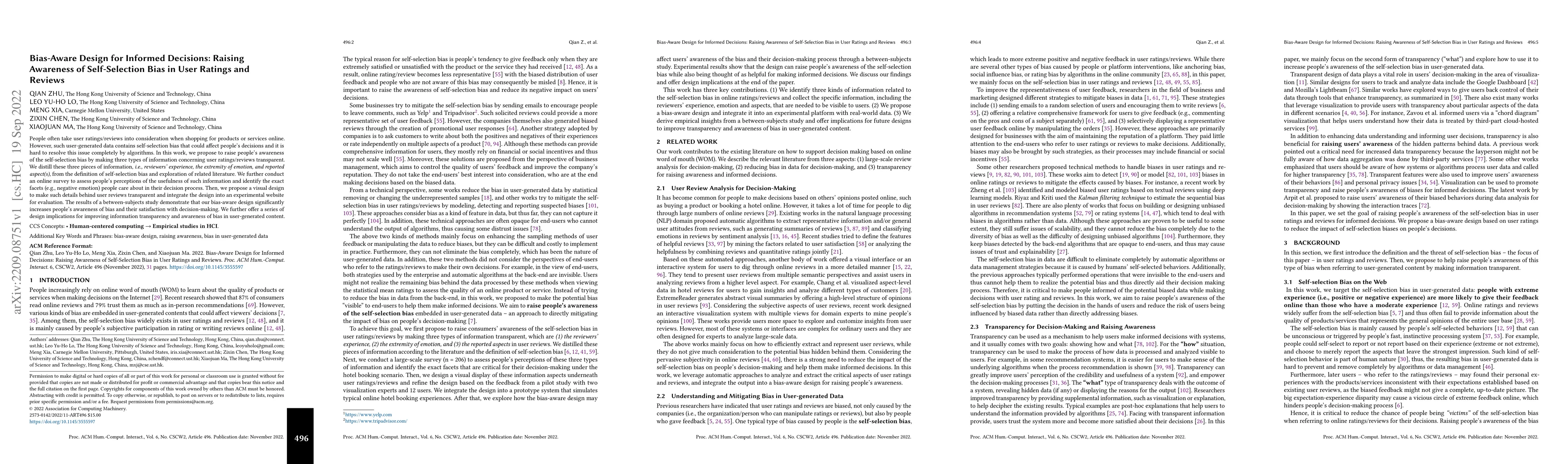Thumbnail for Bias-Aware Design for Informed Decisions: Raising Awareness of
  Self-Selection Bias in User Ratings and Reviews