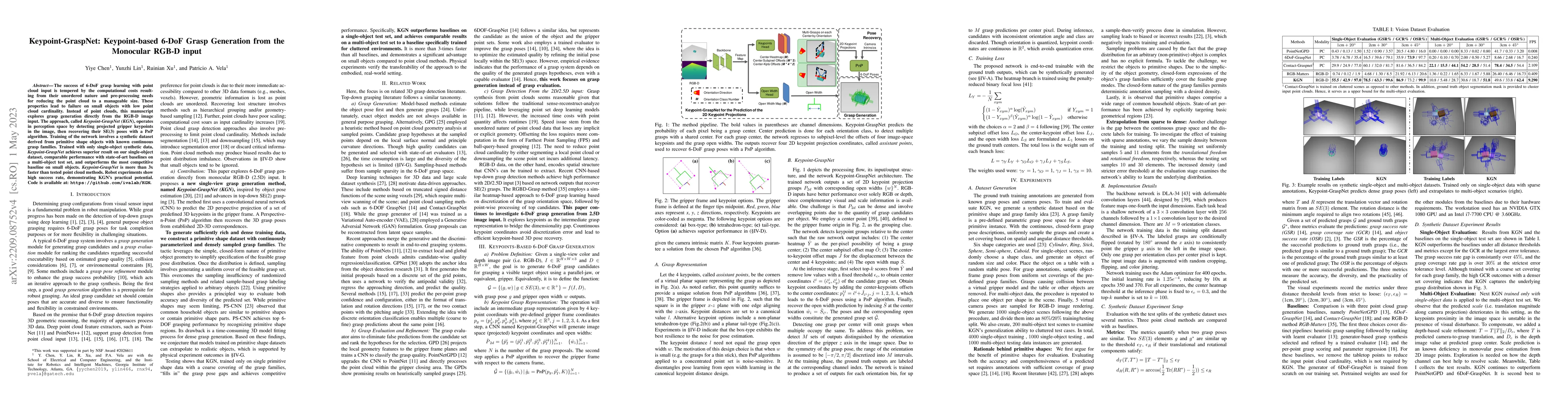 Thumbnail for Keypoint-GraspNet: Keypoint-based 6-DoF Grasp Generation from the
  Monocular RGB-D input