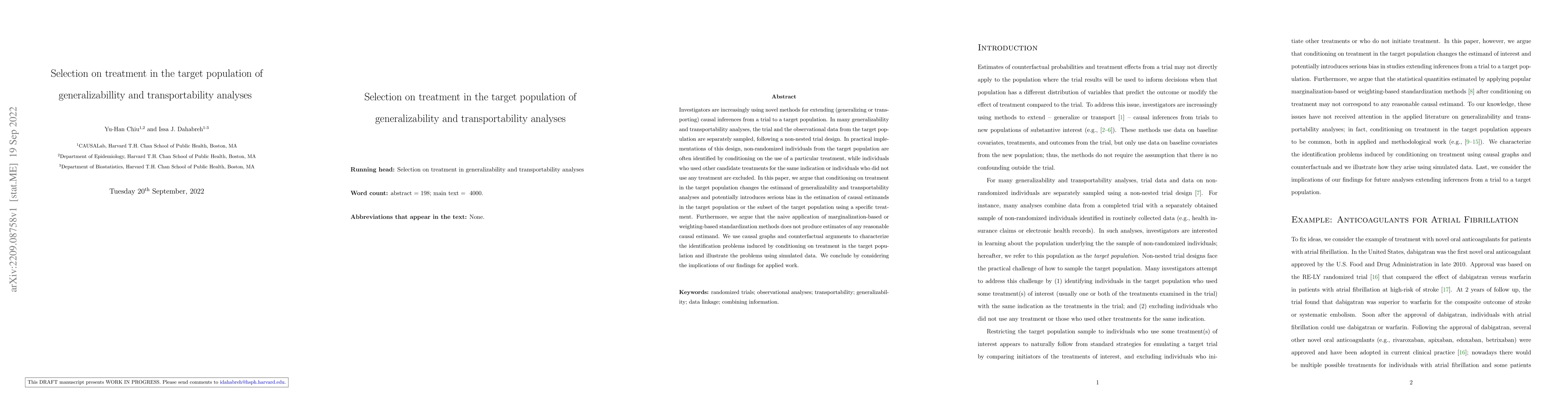 Thumbnail for Selection on treatment in the target population of generalizabillity and
  transportability analyses
